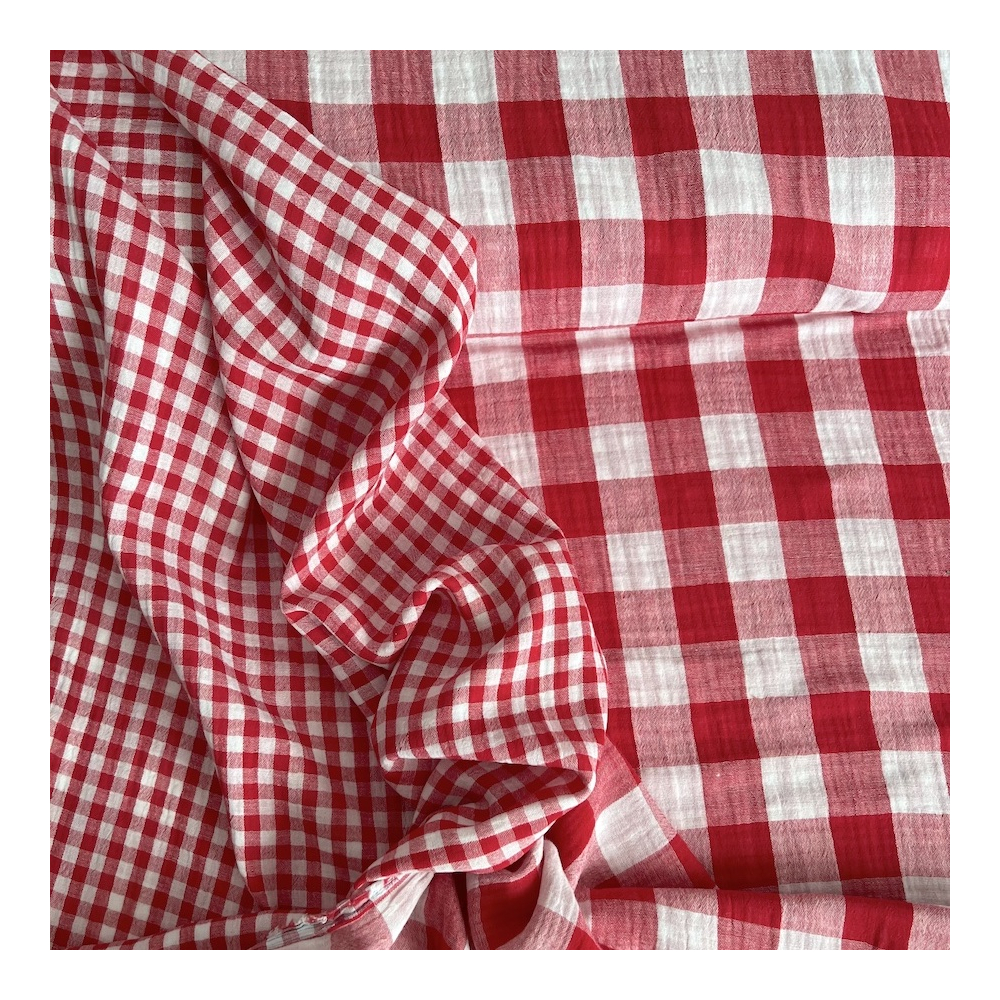 Double gaze de coton vichy réversible rouge / blanc Qualité Oeko-tex - 1