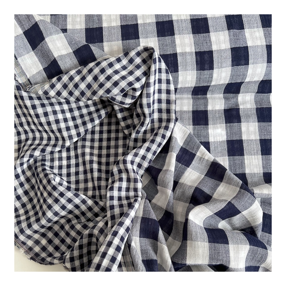 Double gaze de coton vichy réversible bleu marine / blanc Qualité Oeko-tex - 1