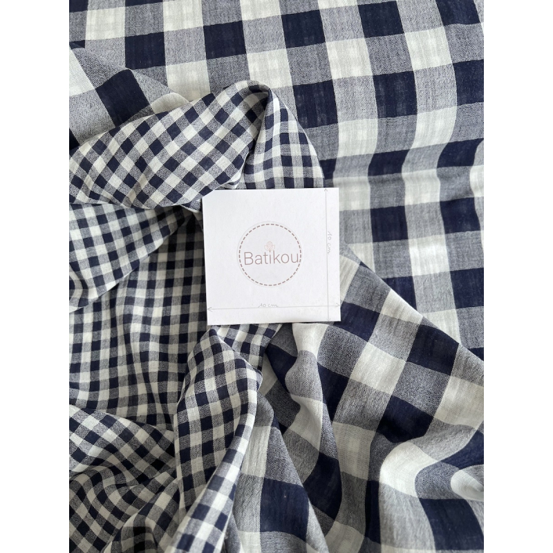 Double gaze de coton vichy réversible bleu marine / blanc Qualité Oeko-tex - 4