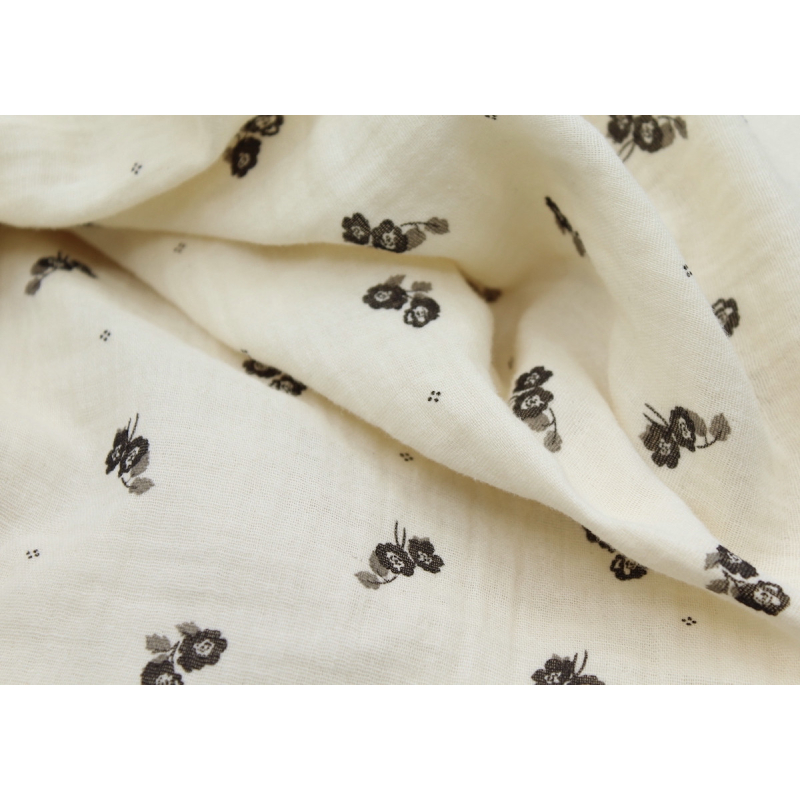 Hana - Double gaze de coton BIO écru motif exclusif Ebène