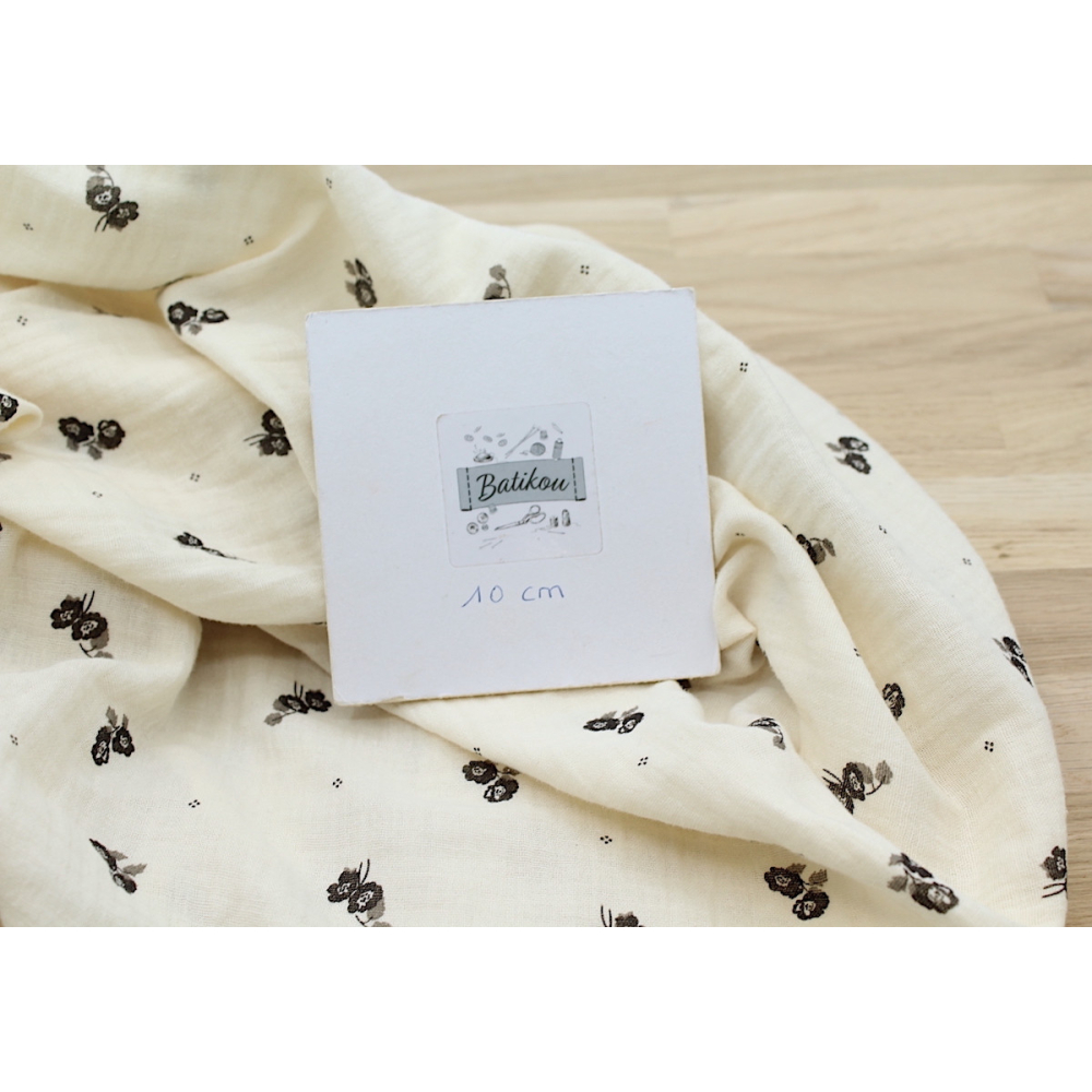 Hana - Double gaze de coton BIO écru motif exclusif Ebène