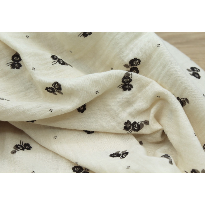 Hana - Double gaze de coton BIO écru motif exclusif Ebène
