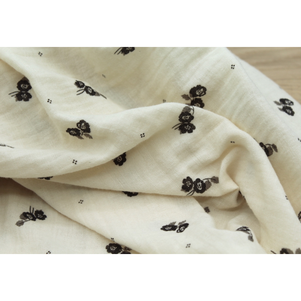 Hana - Double gaze de coton BIO écru motif exclusif Ebène