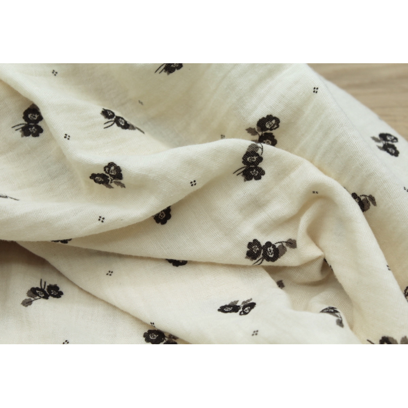 Hana - Double gaze de coton BIO écru motif exclusif Ebène