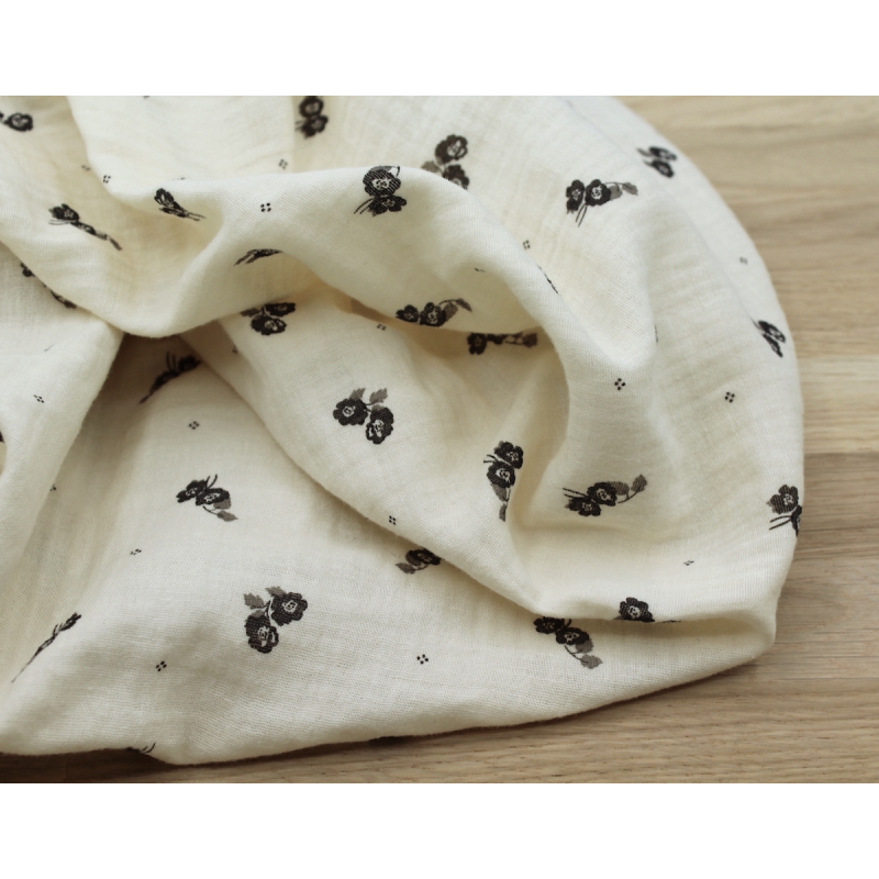 Hana - Double gaze de coton BIO écru motif exclusif Ebène