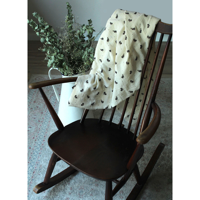 Hana - Double gaze de coton BIO écru motif exclusif Ebène