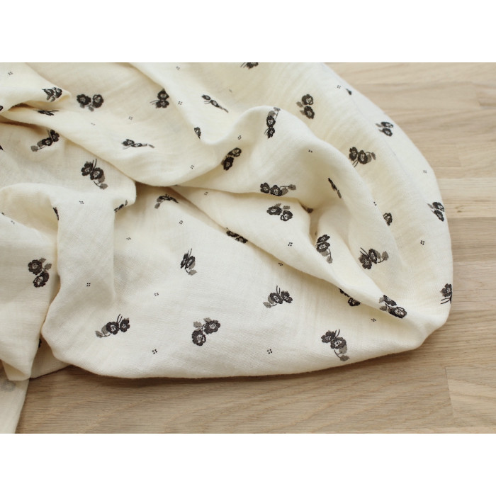 Hana - Double gaze de coton BIO écru motif exclusif Ebène