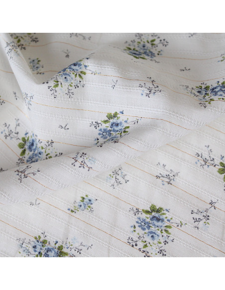 Romance - Tissu coton texturé / jacquard fleuri bleu et lurex