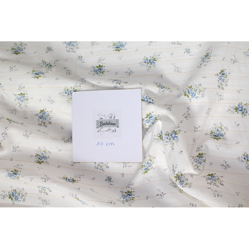 Romance - Tissu coton texturé / jacquard fleuri bleu et lurex