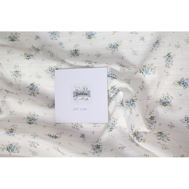 Romance - Tissu coton texturé / jacquard fleuri bleu et lurex