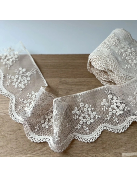 Galon tulle souple crème broderie coton brodé 80mm x 1m