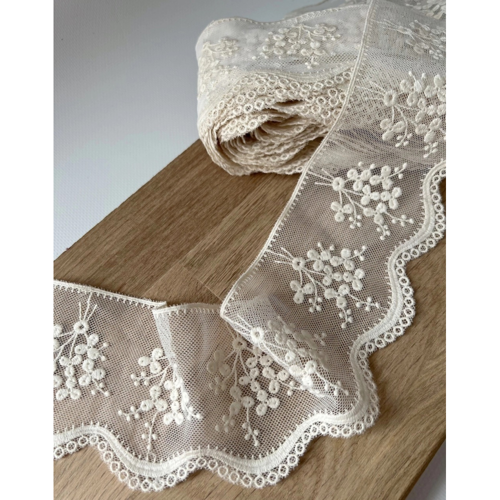 Galon tulle souple crème broderie coton brodé 80mm x 1m