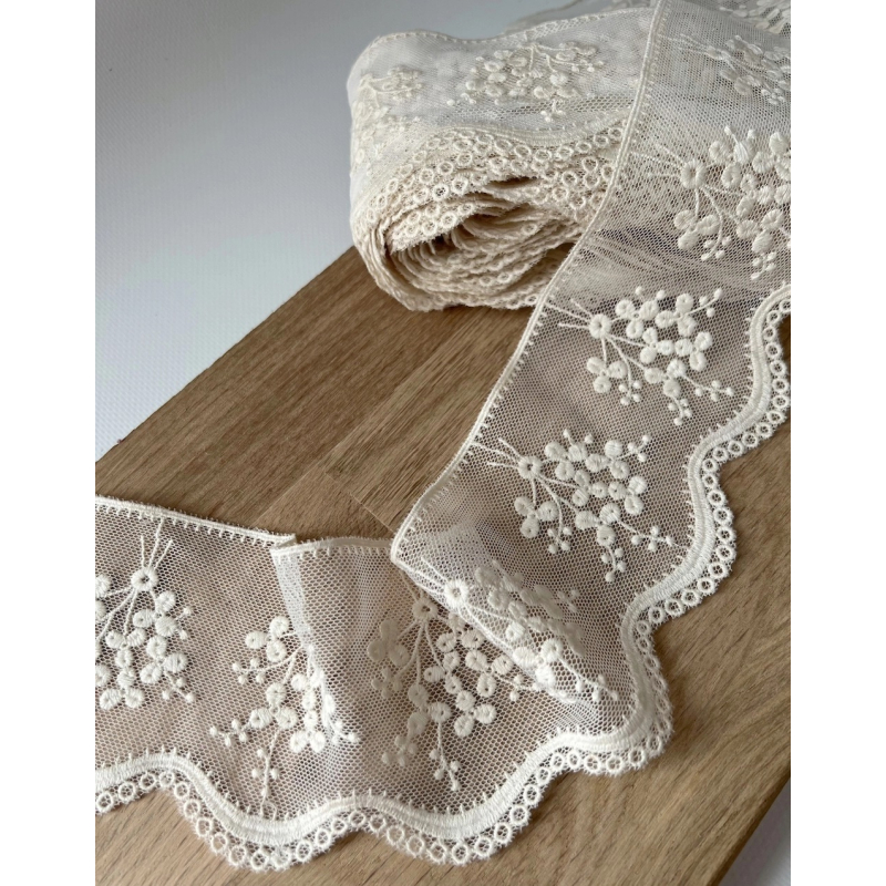 Galon tulle souple crème broderie coton brodé 80mm x 1m