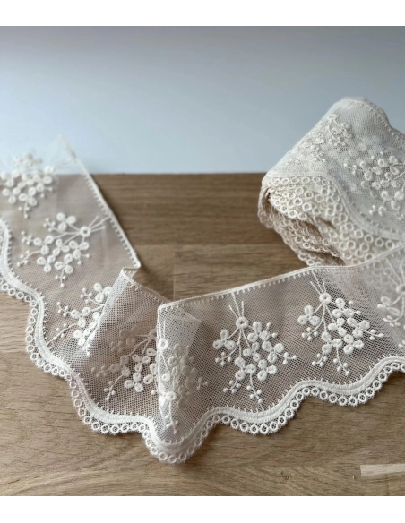 Galon tulle souple crème broderie coton brodé 80mm x 1m