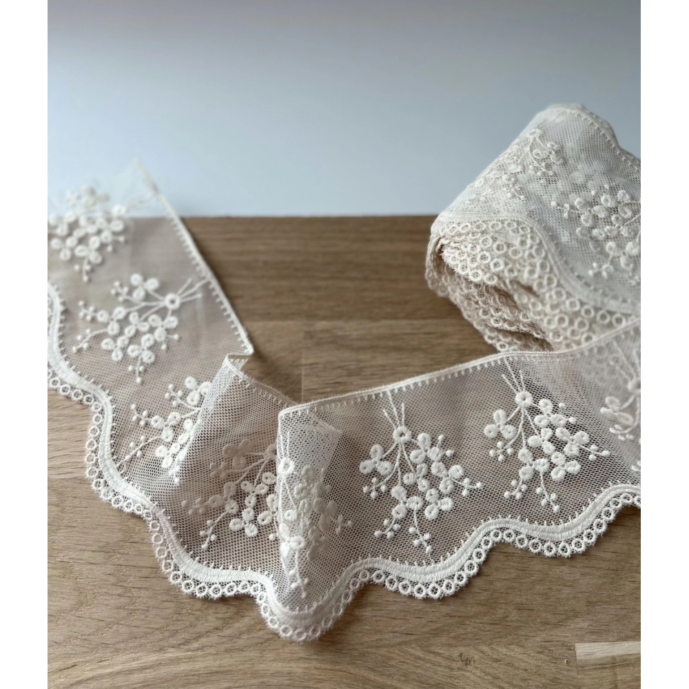 Galon tulle souple crème broderie coton brodé 80mm x 1m