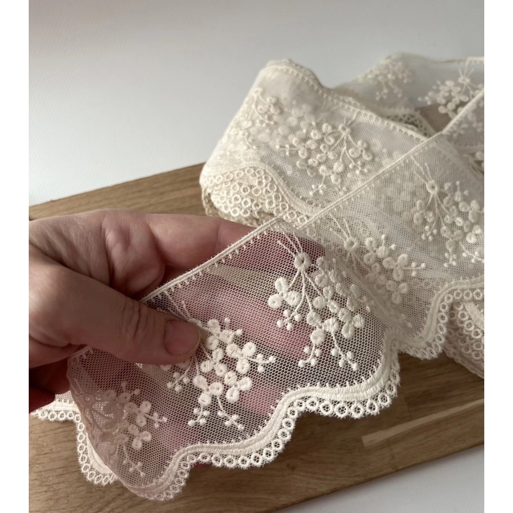 Galon tulle souple crème broderie coton brodé 80mm x 1m