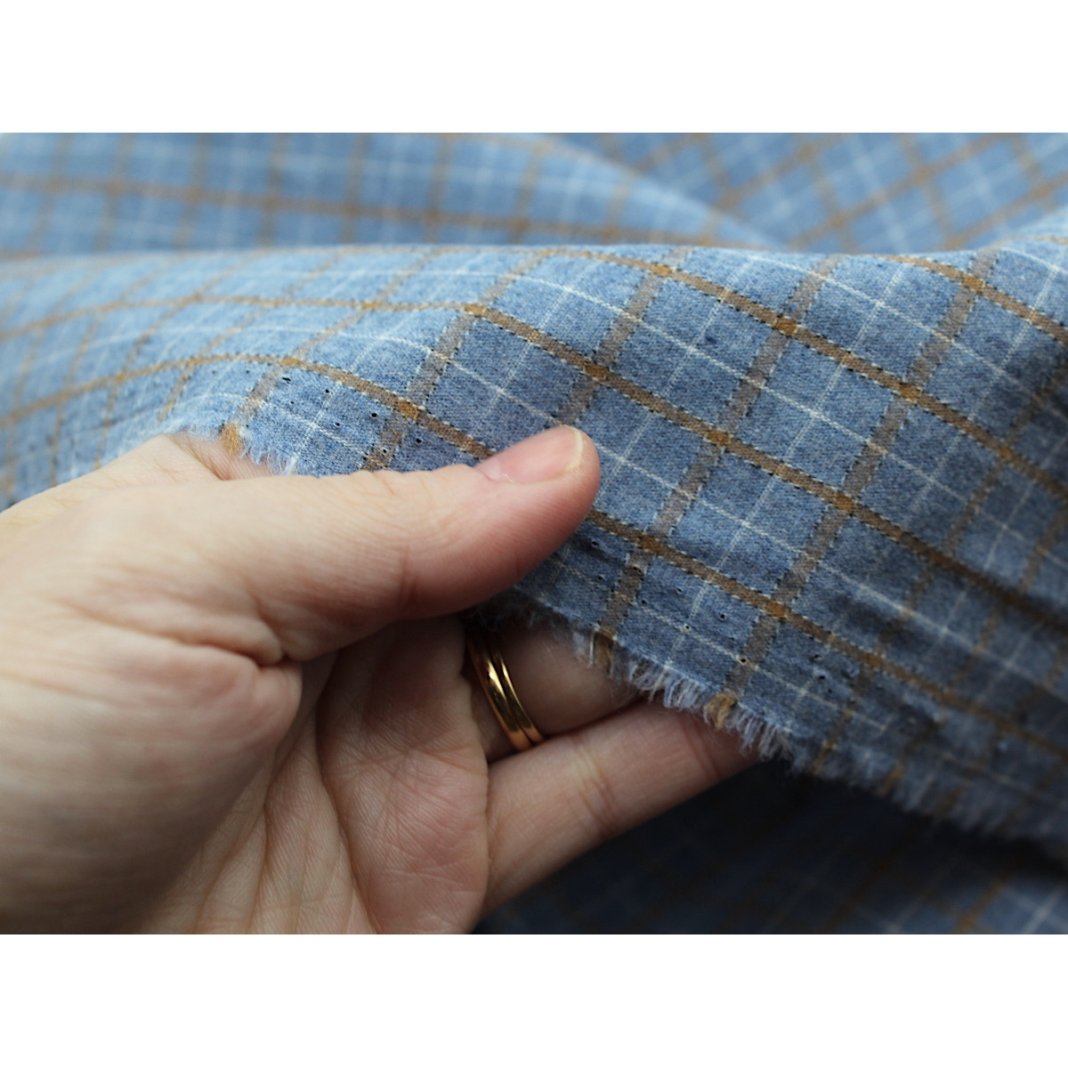 Coton gratté organique imprimé carreaux tartan bleu jean Coton gratté organique imprimé carreaux tartan bleu jean