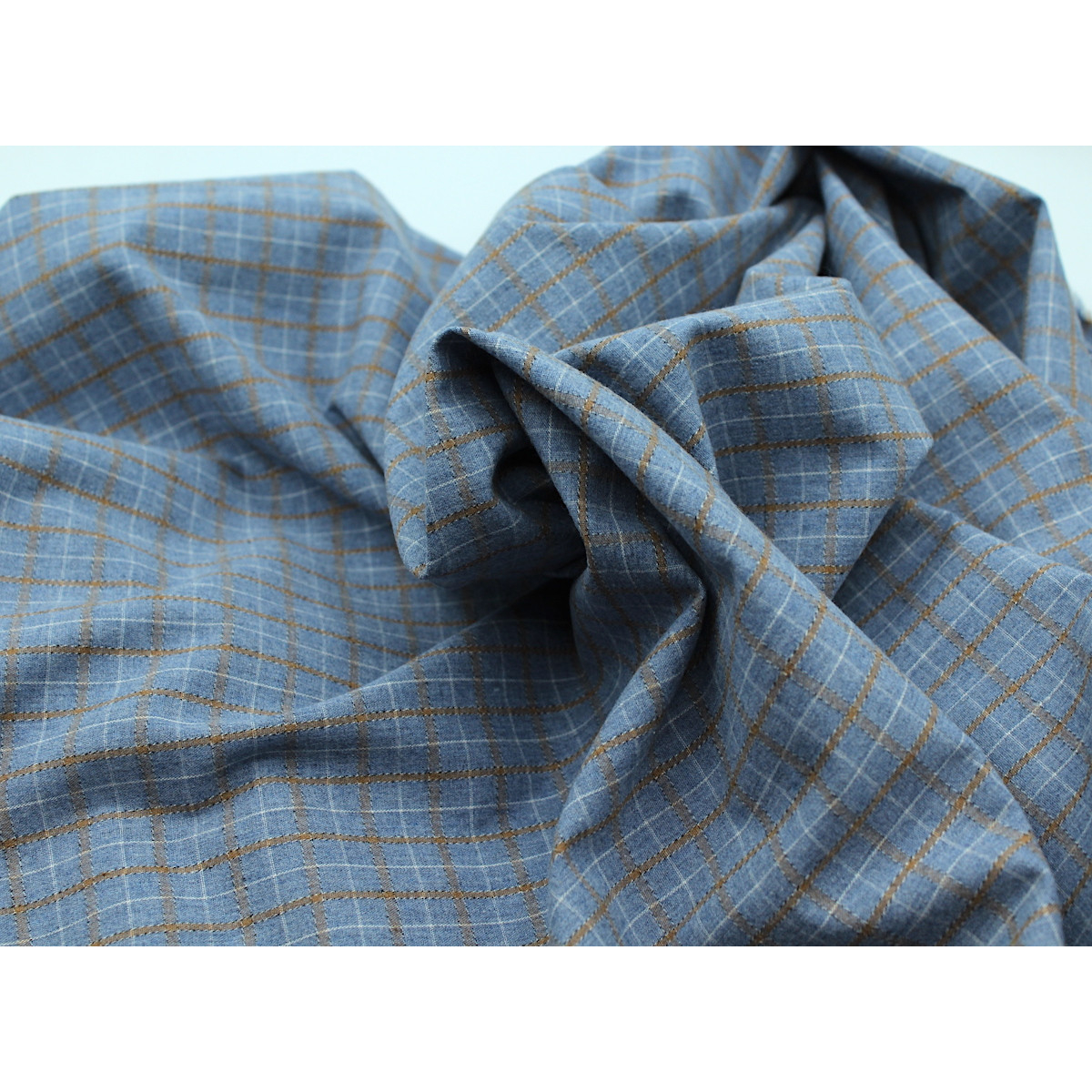 Coton gratté organique imprimé carreaux tartan bleu jean Coton gratté organique imprimé carreaux tartan bleu jean