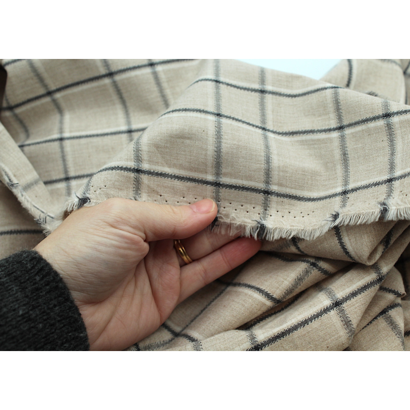 Coton gratté organique imprimé carreaux tartan beige