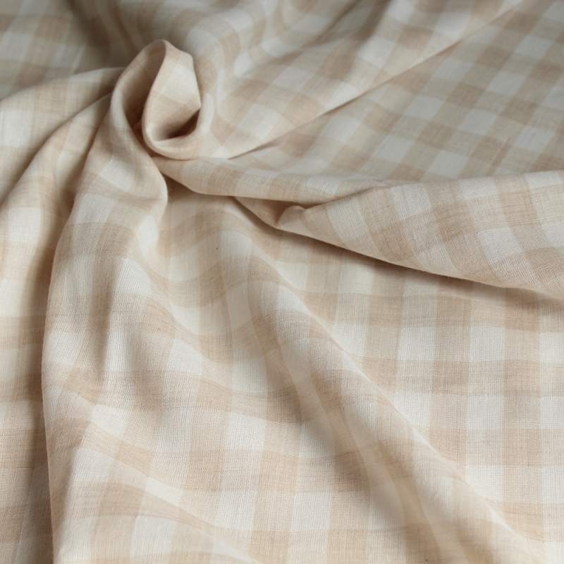 Double gaze de coton lisse vichy beige / blanc