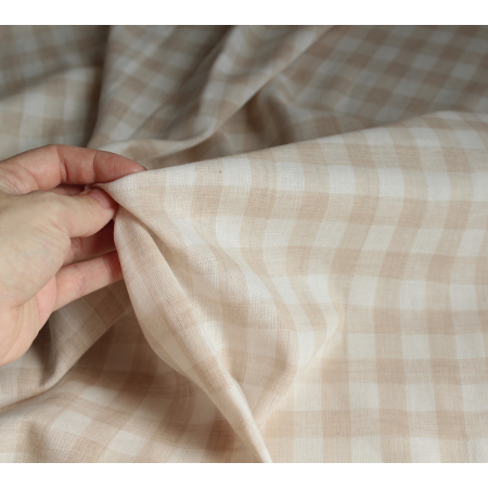 Double gaze de coton lisse vichy beige / blanc