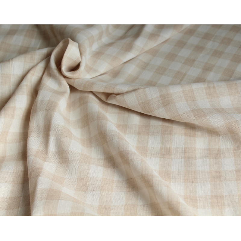 Double gaze de coton lisse vichy beige / blanc