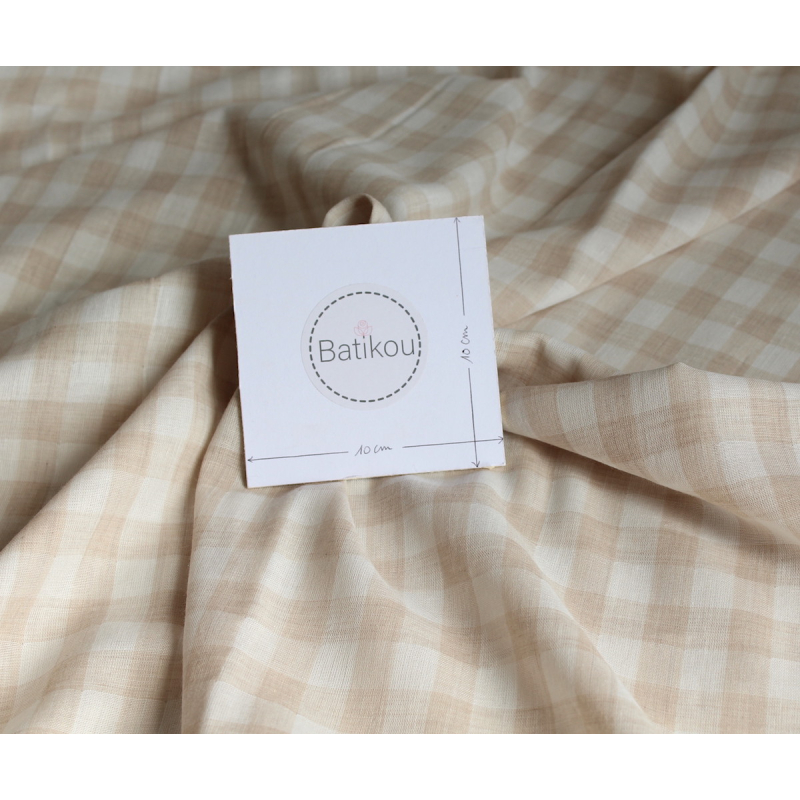 Double gaze de coton lisse vichy beige / blanc