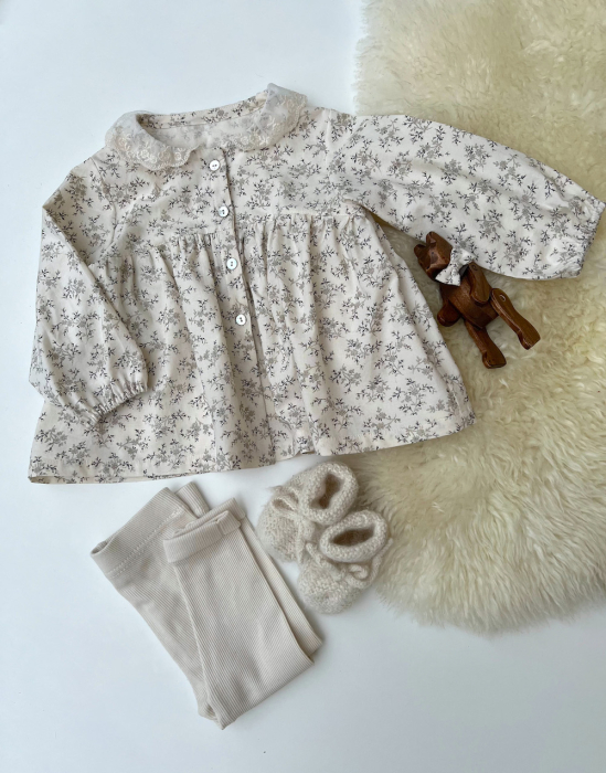 Meriem - Popeline de coton douce exclusif imprimé beige fond écru Tissus issus de l'agriculture biologique  - 9