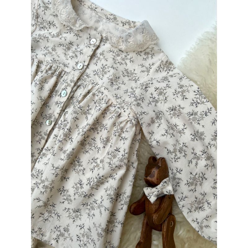 Meriem - Popeline de coton douce exclusif imprimé beige fond écru Tissus issus de l'agriculture biologique  - 10