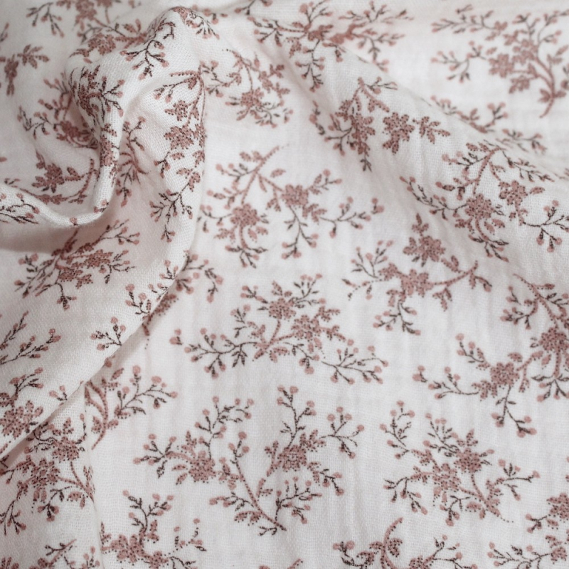 Meriem - Double gaze de coton BIO rose poudré à motifs fleuris Tissus issus de l'agriculture biologique  - 3