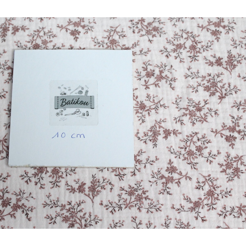 Meriem - Double gaze de coton BIO rose poudré à motifs fleuris Tissus issus de l'agriculture biologique  - 5