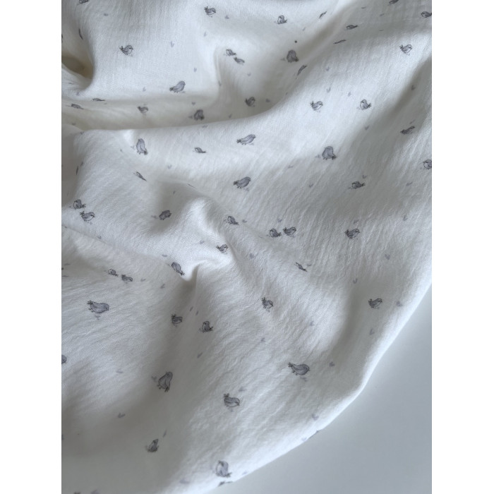 Charly - Double gaze de coton blanc lait motif petits oiseaux gris Tissus issus de l'agriculture biologique  - 3