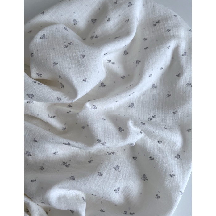 Charly - Double gaze de coton blanc lait motif petits oiseaux gris Tissus issus de l'agriculture biologique  - 5