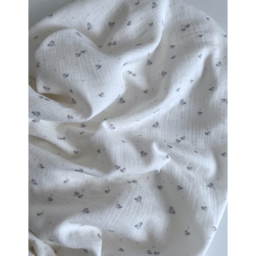 Charly - Double gaze de coton blanc lait motif petits oiseaux gris Tissus issus de l'agriculture biologique  - 5