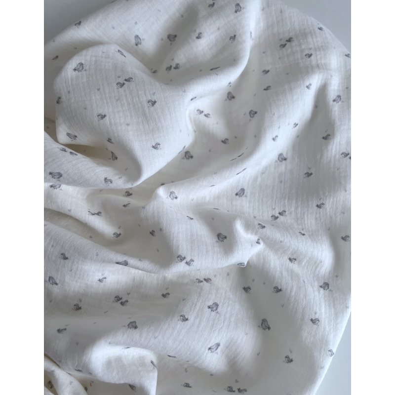 Charly - Double gaze de coton blanc lait motif petits oiseaux gris Tissus issus de l'agriculture biologique  - 5