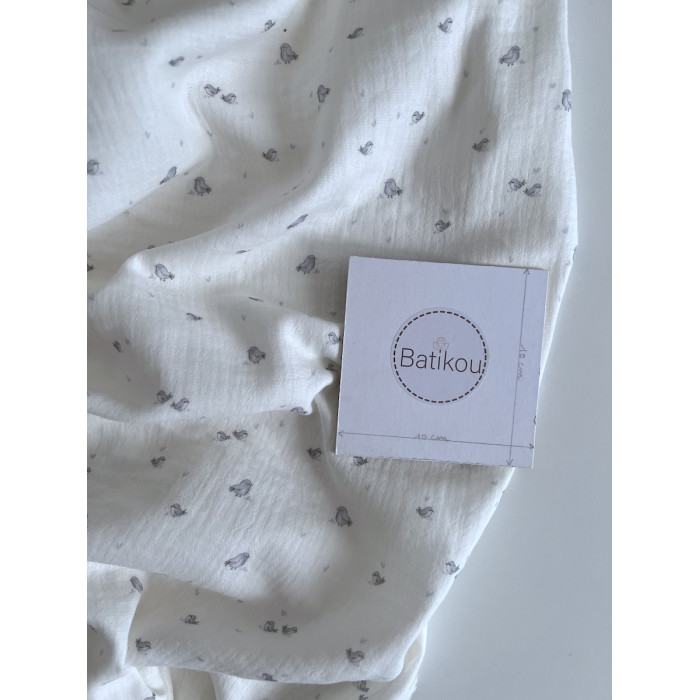 Charly - Double gaze de coton blanc lait motif petits oiseaux gris Tissus issus de l'agriculture biologique  - 6