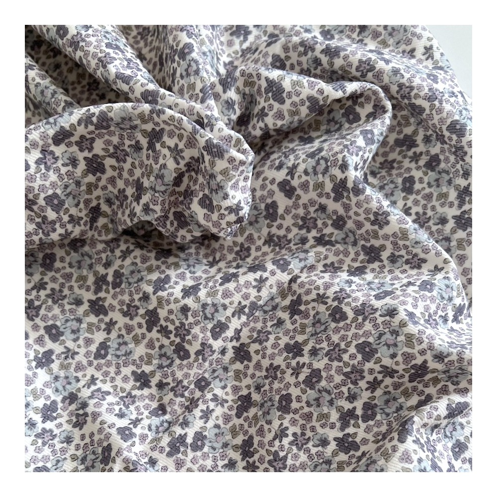 Kristen - Velours milleraies coton organique imprimé fleuri lavande  - 1