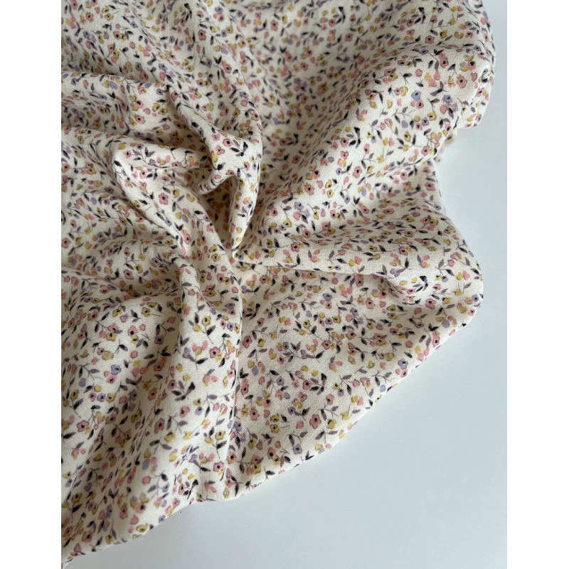 Mila - Double gaze de coton coloris fond écru imprimé fleuri Tissus issus de l'agriculture biologique  - 7