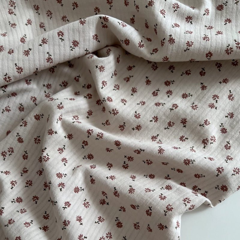 Erika - Seersucker / Coton gaufré doux fond grège motif fleuri Batikou - 1