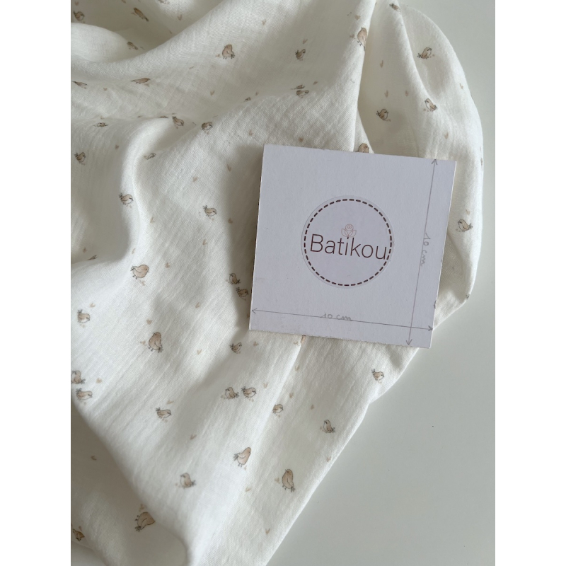 Charly - Double gaze de coton blanc lait motif petits oiseaux beige Tissus issus de l'agriculture biologique  - 4