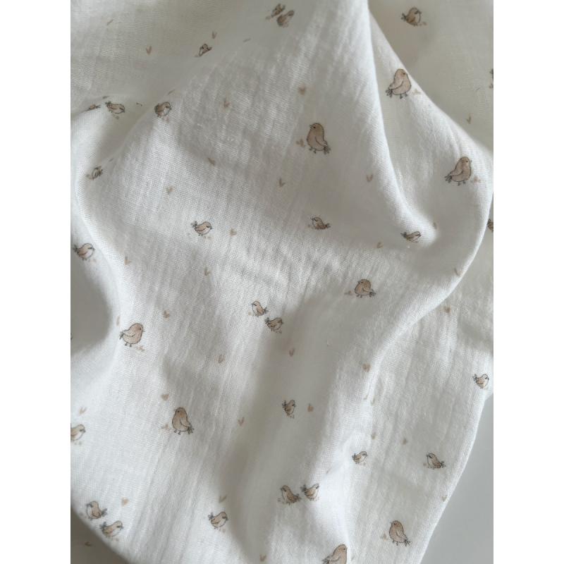 Charly - Double gaze de coton blanc lait motif petits oiseaux beige Tissus issus de l'agriculture biologique  - 6