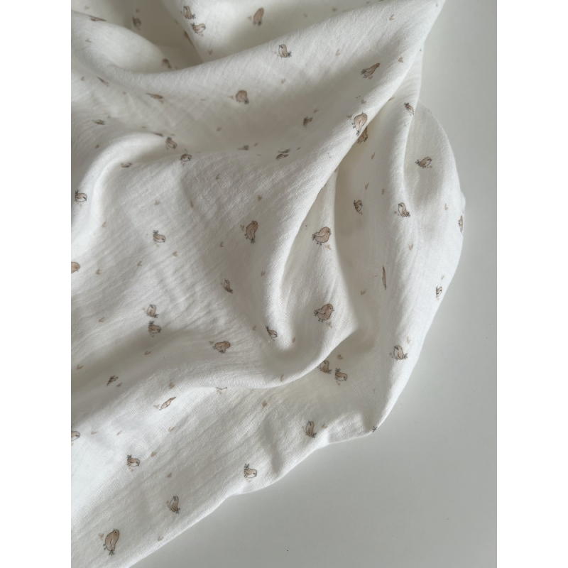 Charly - Double gaze de coton blanc lait motif petits oiseaux beige Tissus issus de l'agriculture biologique  - 8