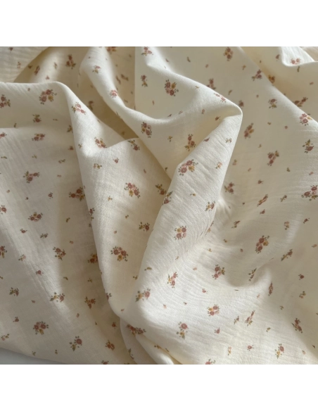 Aminata - Double gaze de coton coloris fond écru imprimé fleuri Tissus issus de l'agriculture biologique  - 1