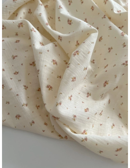 Aminata - Double gaze de coton coloris fond écru imprimé fleuri Tissus issus de l'agriculture biologique  - 7