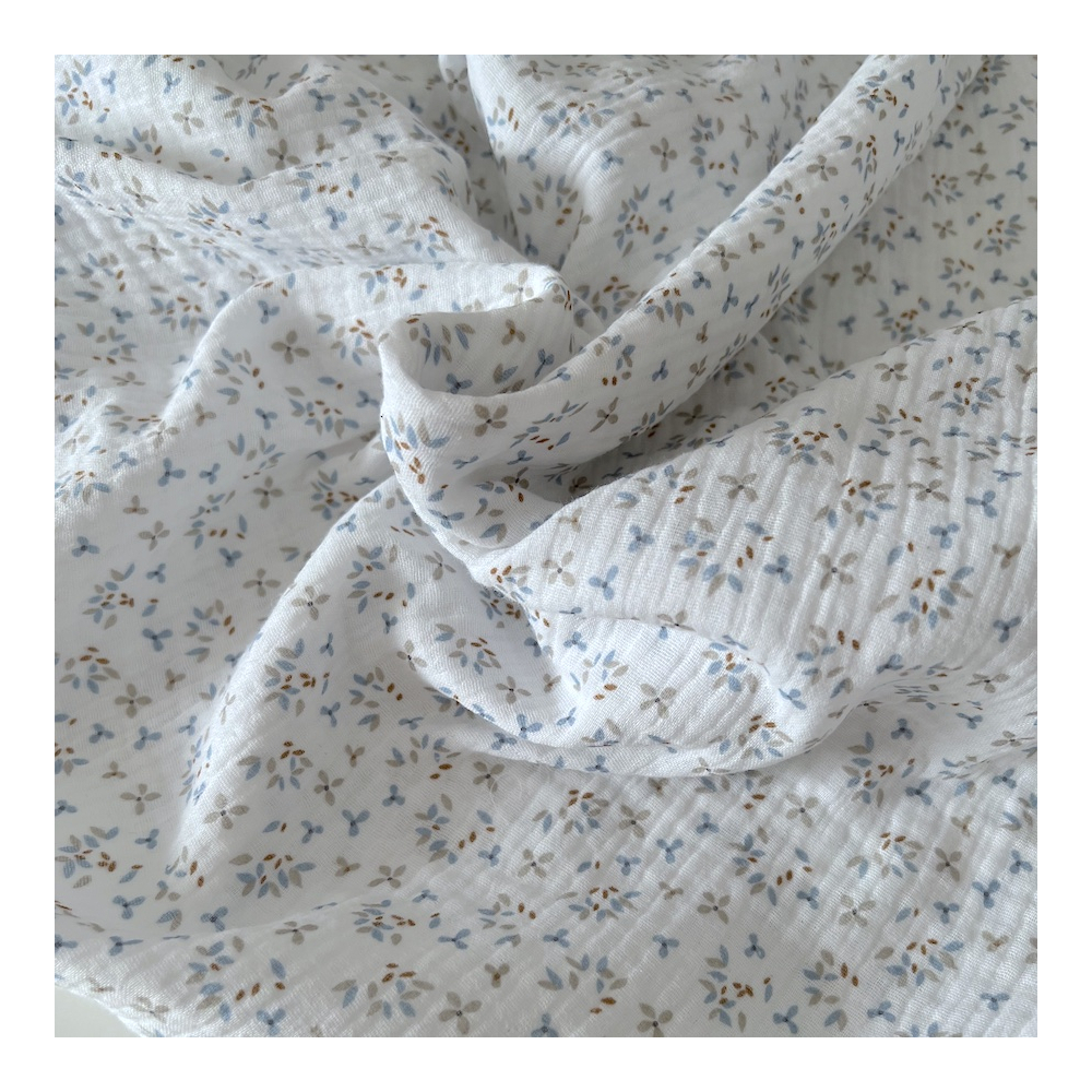 Double gaze de coton Jefine fond blanc à motifs bleu et gris Batikou - 1