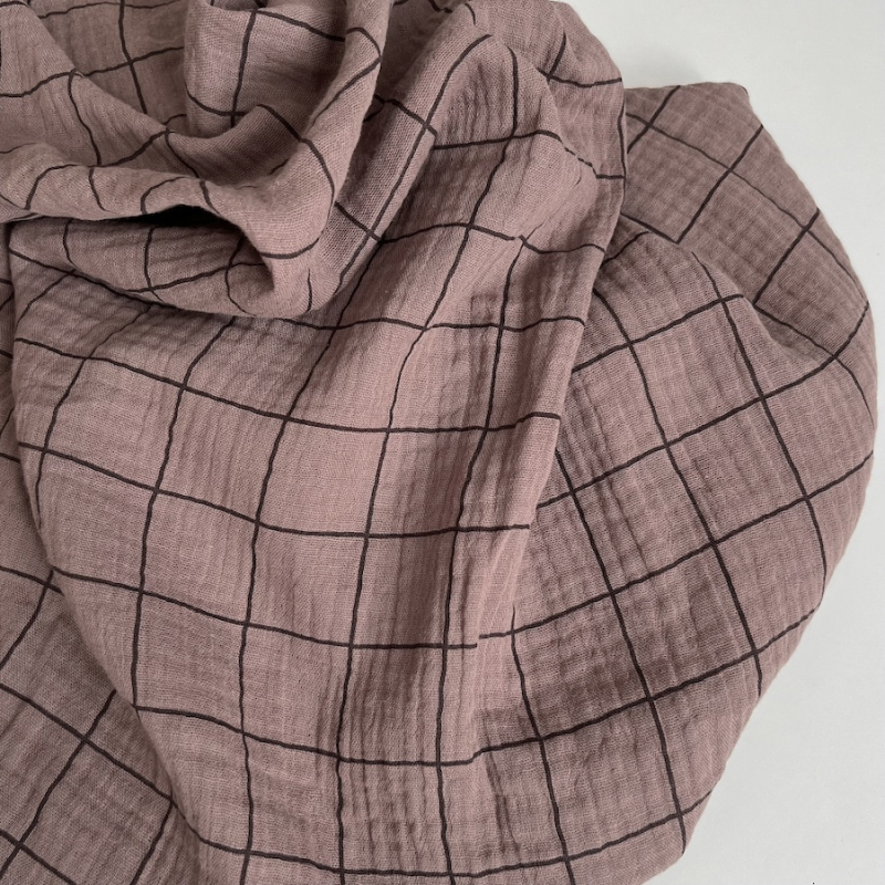 Double gaze de coton Jacques blanc carreaux châtaigne / café noir