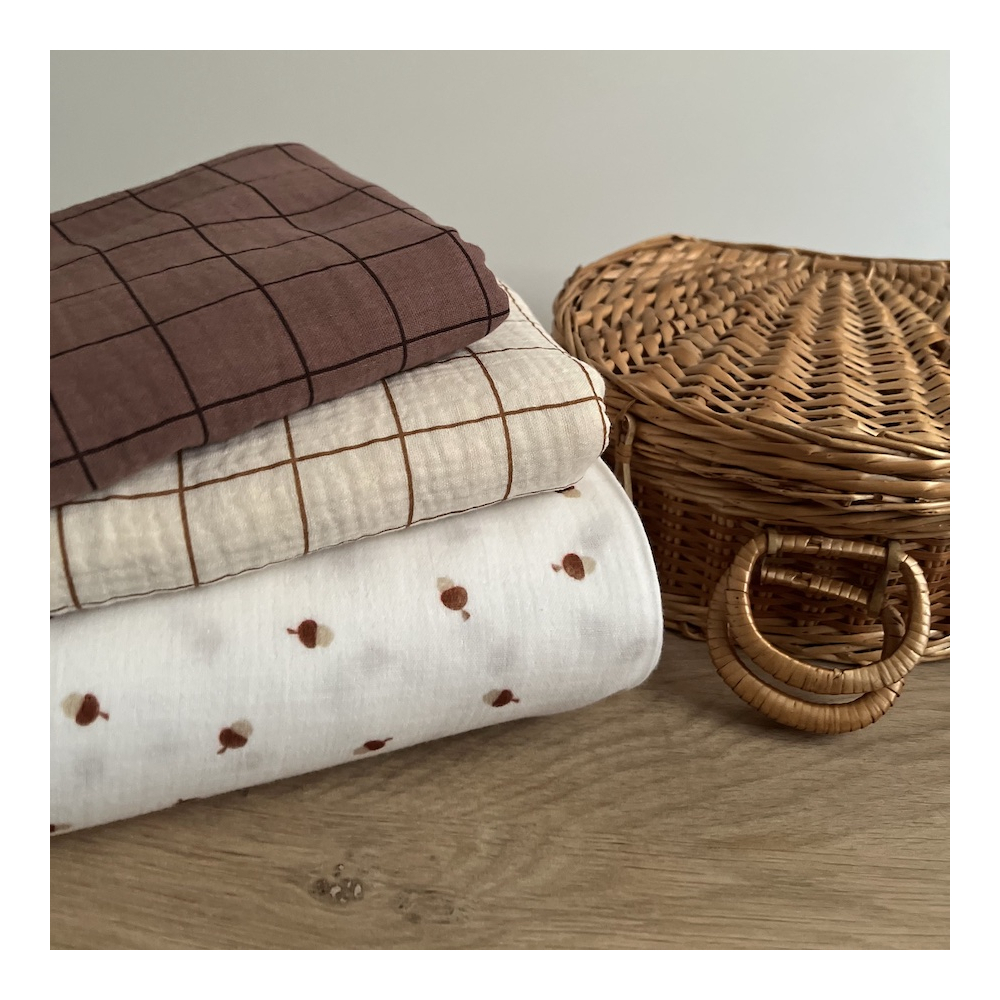 Double gaze de coton Jacques blanc carreaux châtaigne / café noir