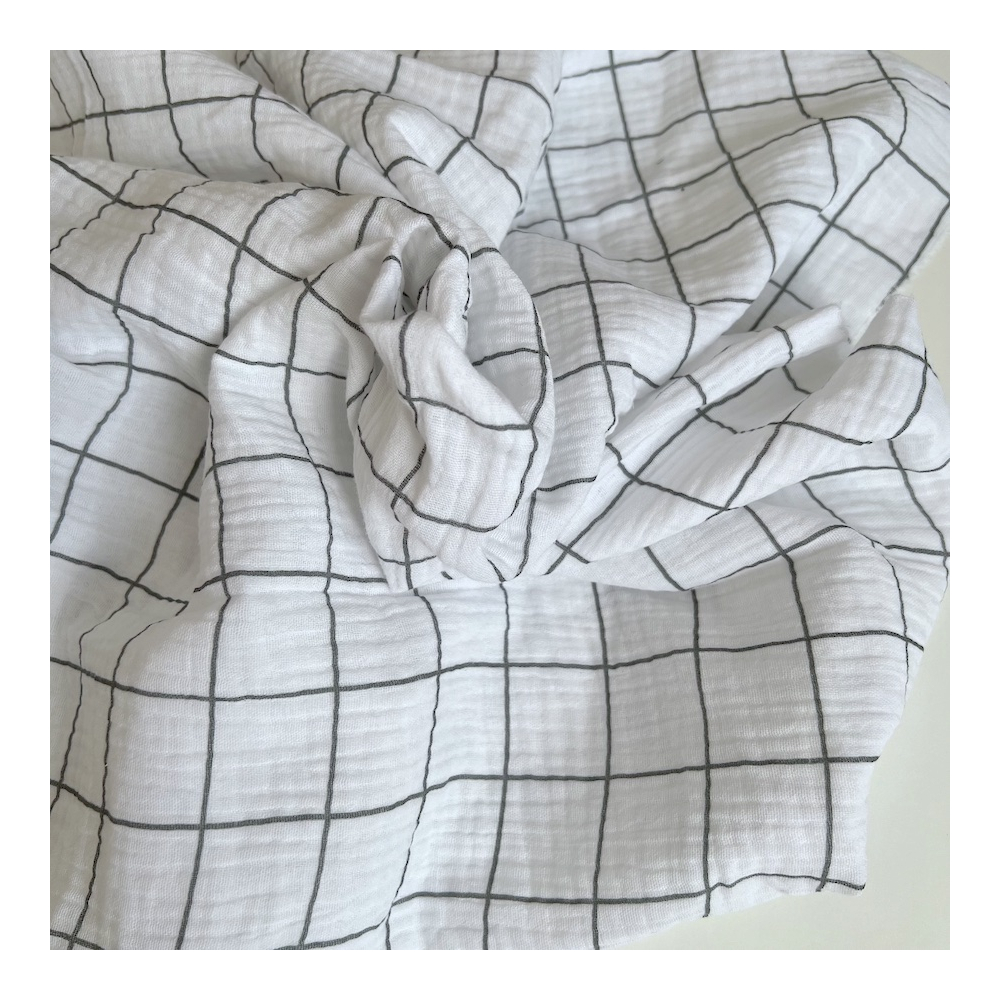 Double gaze de coton Jacques blanc carreaux vert de gris