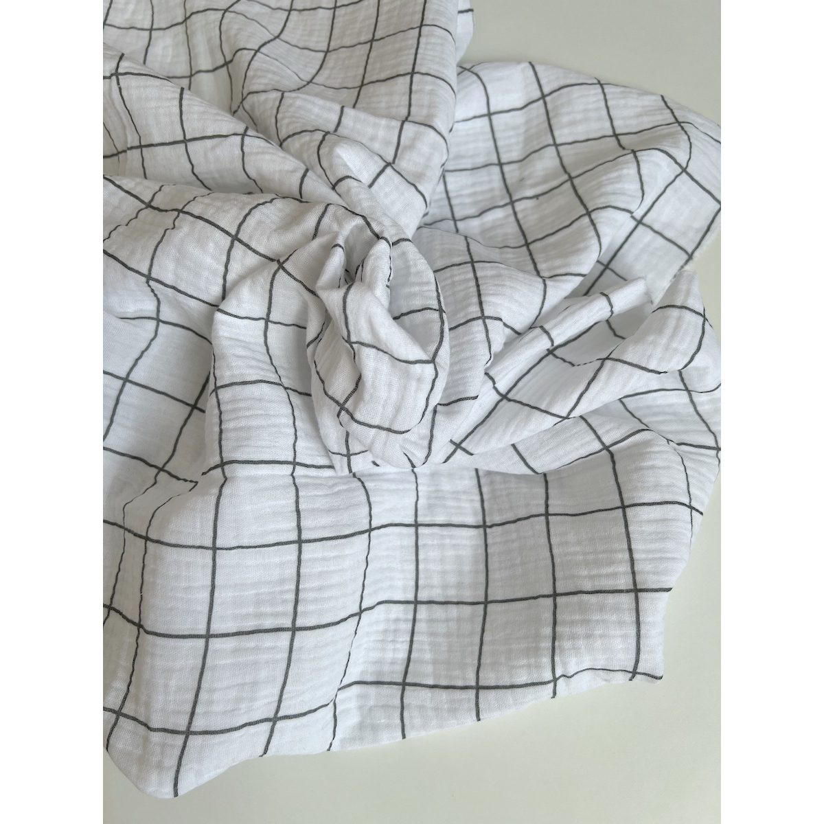 Double gaze de coton Jacques blanc carreaux vert de gris Double gaze de coton Jacques blanc carreaux vert de gris