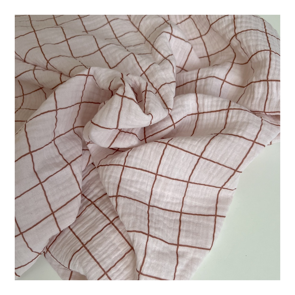 Double gaze de coton Jacques rose carreaux bois de rose